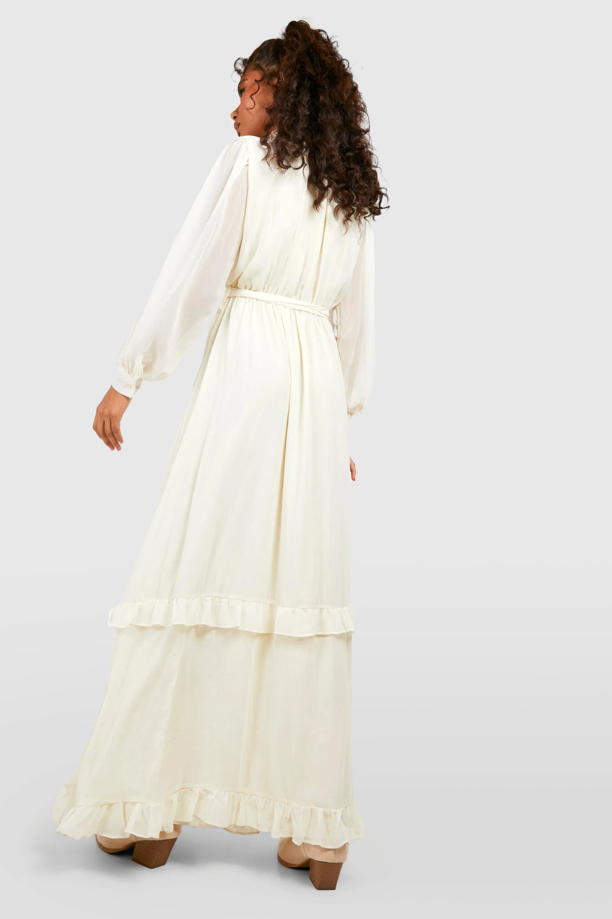 Boohoo Ruffle Boho Chiffon Maxi Dress, Cream