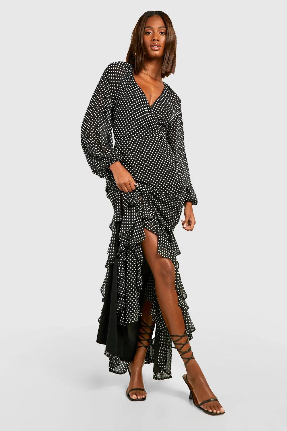 Boohoo Ruffle Chiffon Maxi Dress, Black