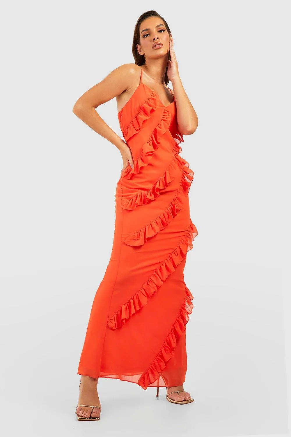 Boohoo Ruffle Chiffon Maxi Dress, Orange