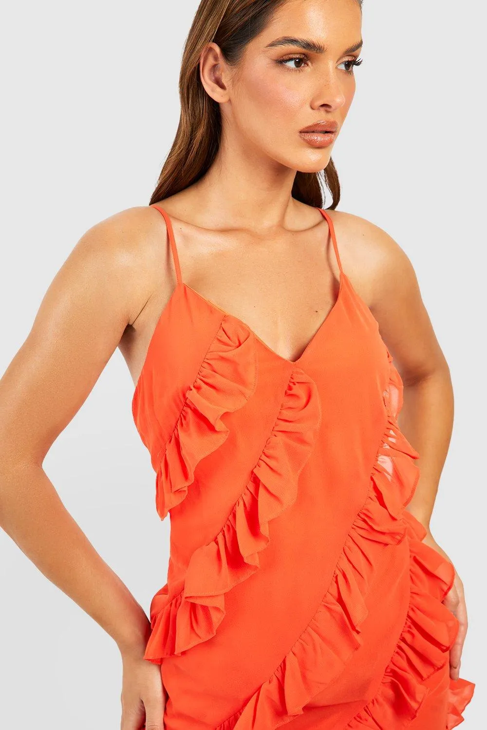 Boohoo Ruffle Chiffon Maxi Dress, Orange