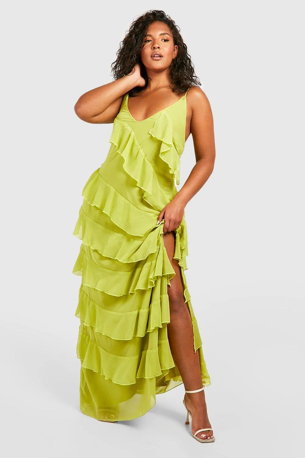Boohoo Ruffle Maxi Dress, Olive