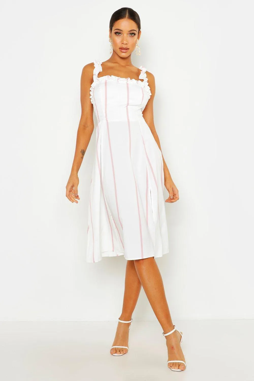 Boohoo Ruffle Striped Midi Dress, Pink
