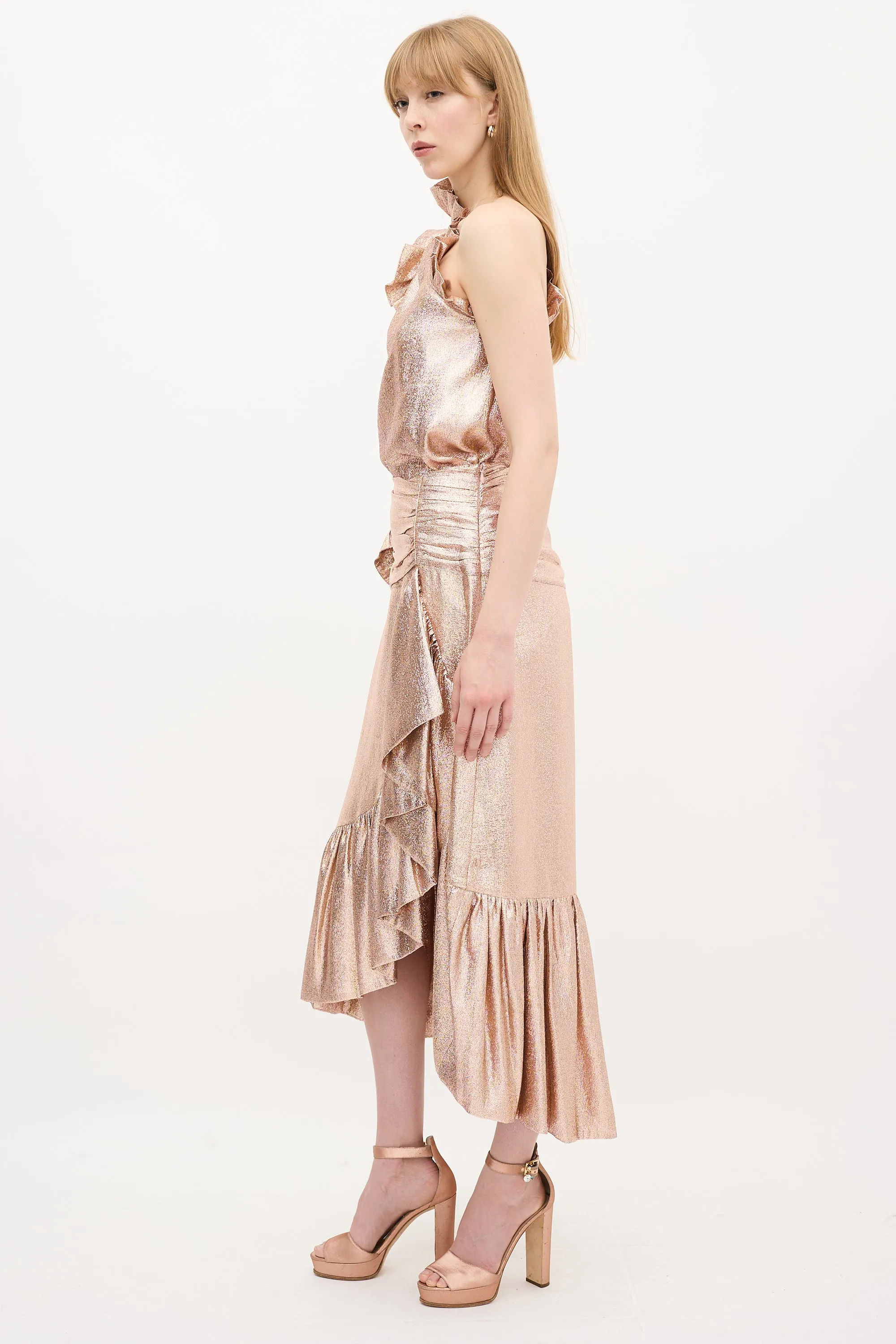 Bronze Silk Ruffle Top & Skirt Set