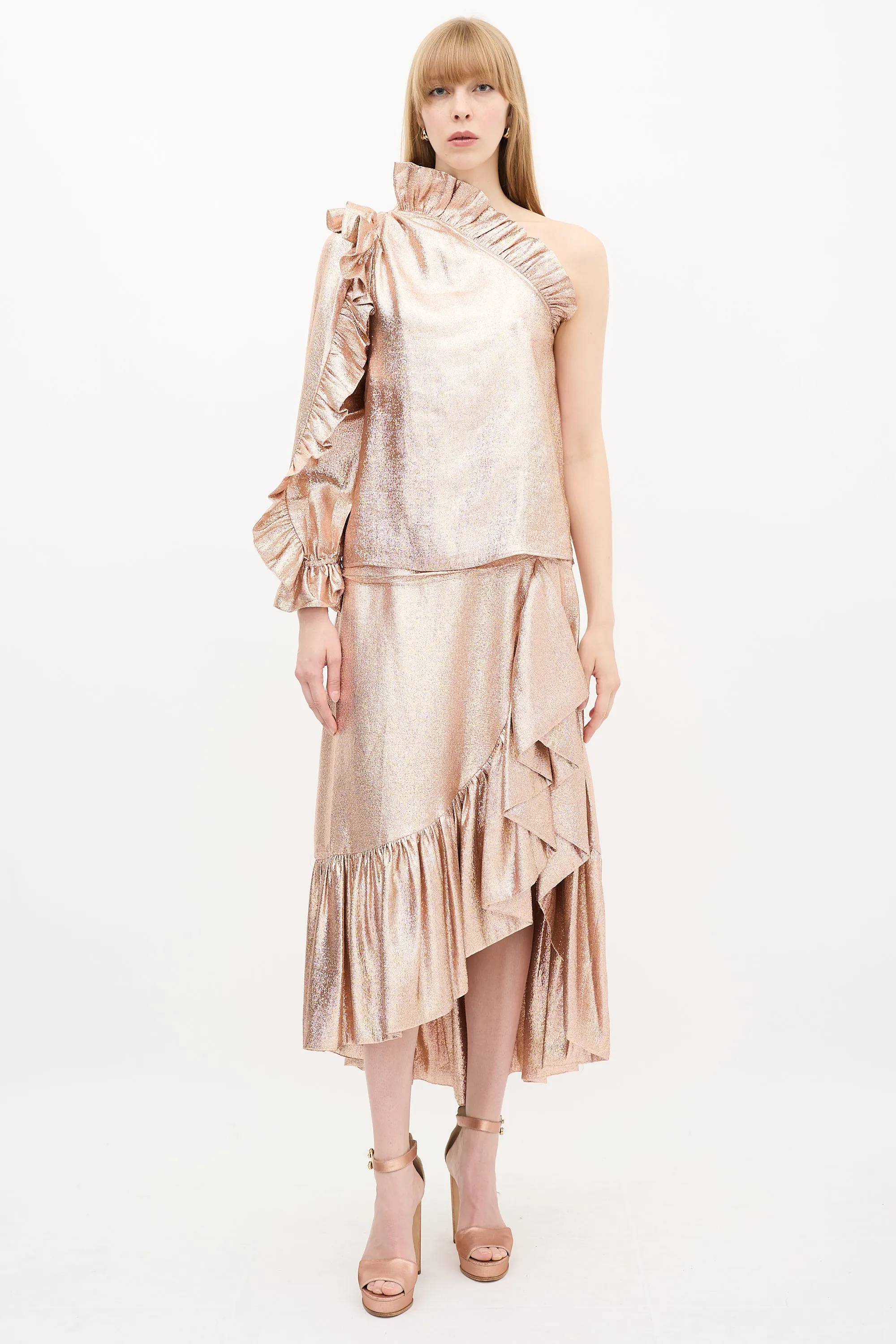 Bronze Silk Ruffle Top & Skirt Set