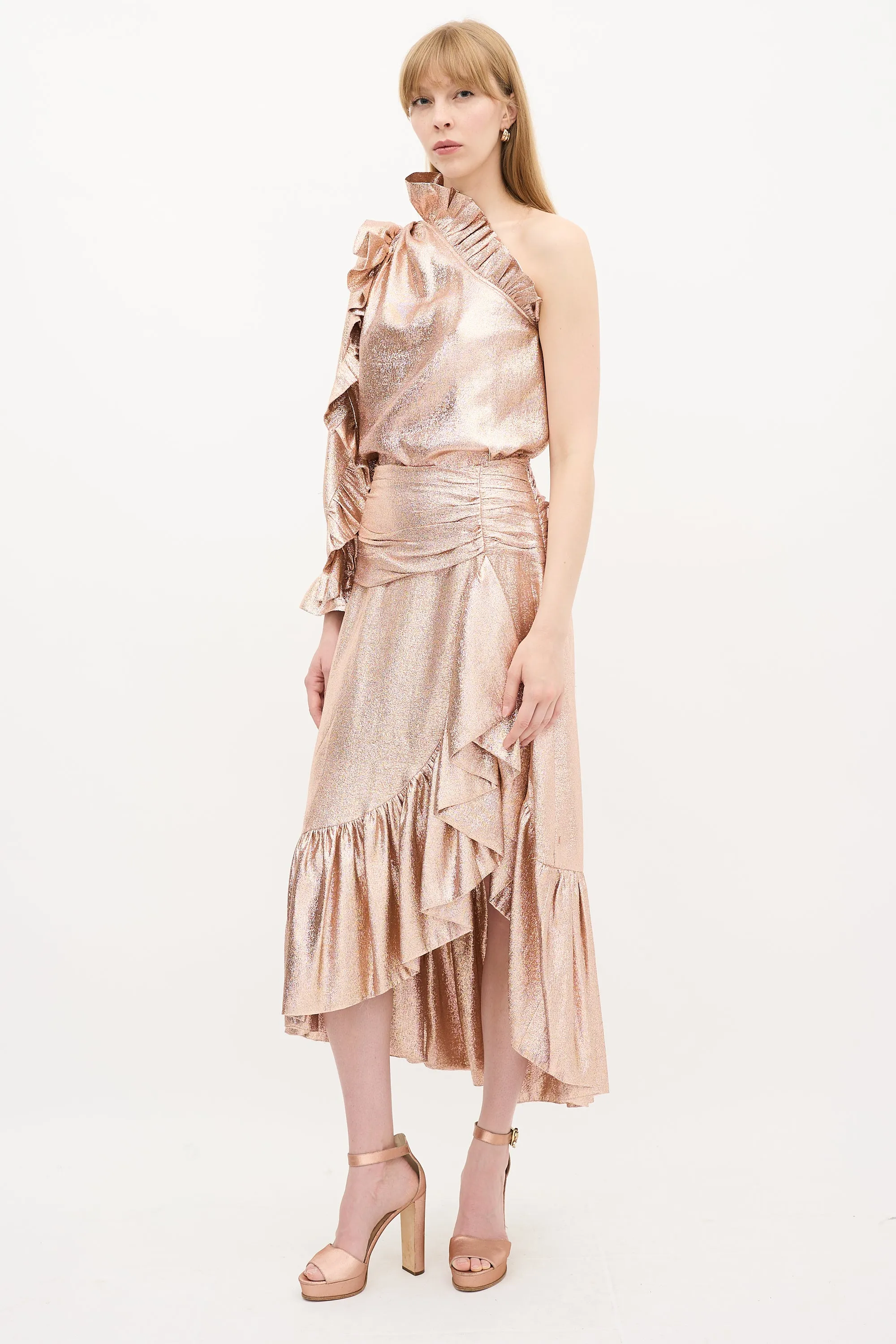 Bronze Silk Ruffle Top & Skirt Set