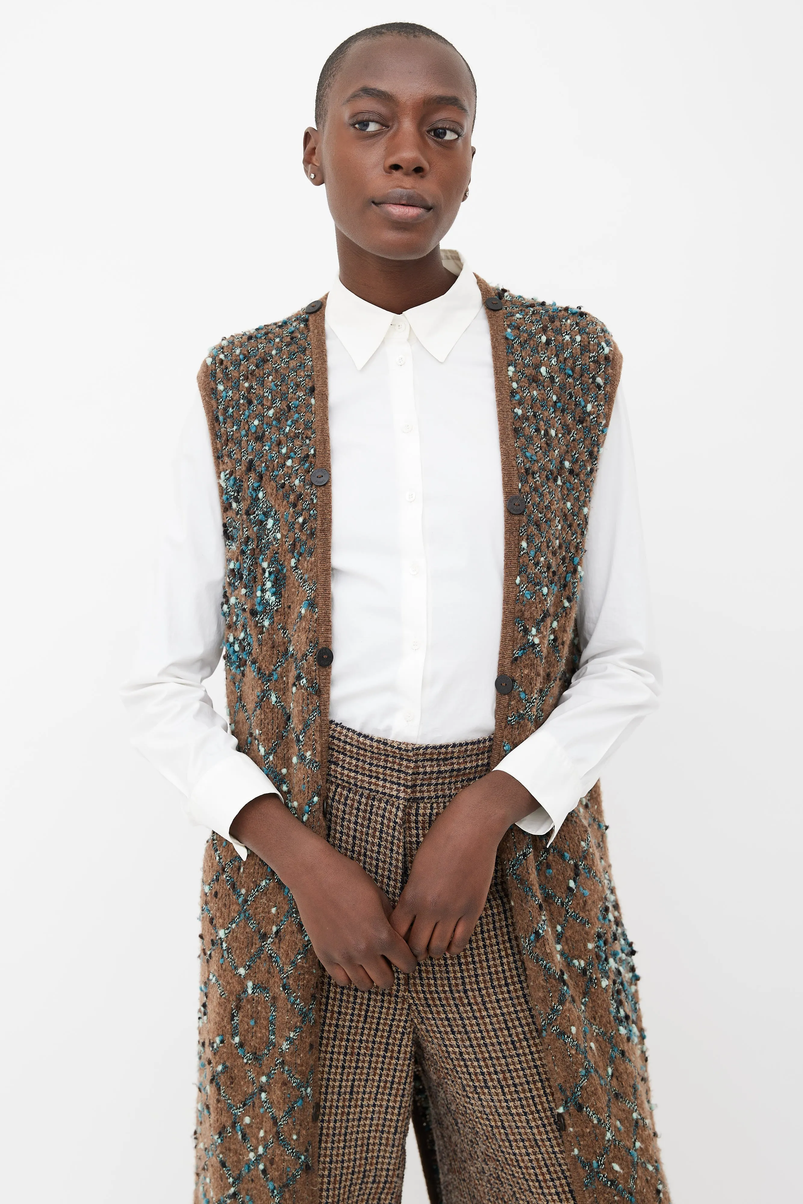 Brown & Blue Bouclé Long Vest
