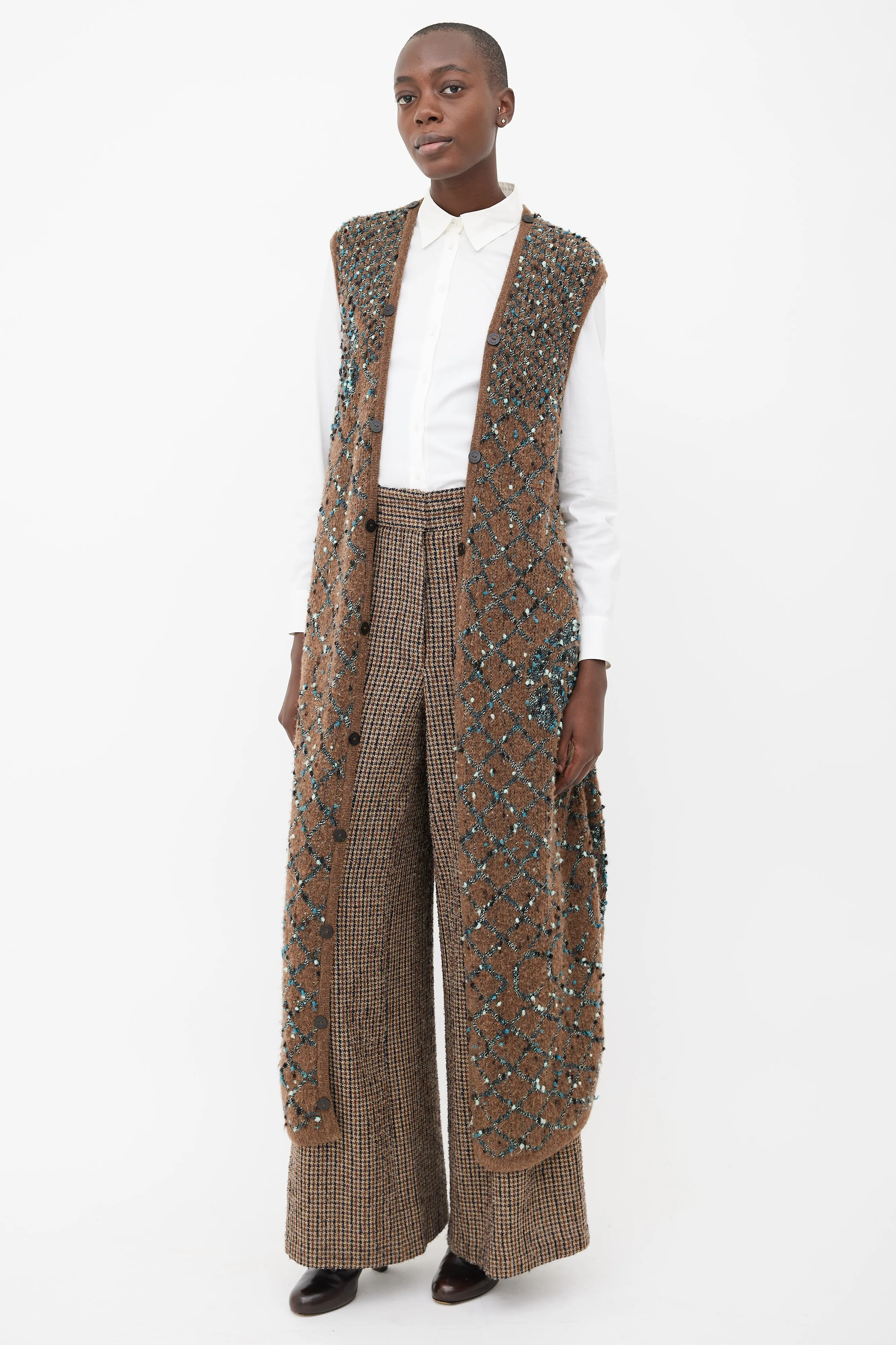 Brown & Blue Bouclé Long Vest