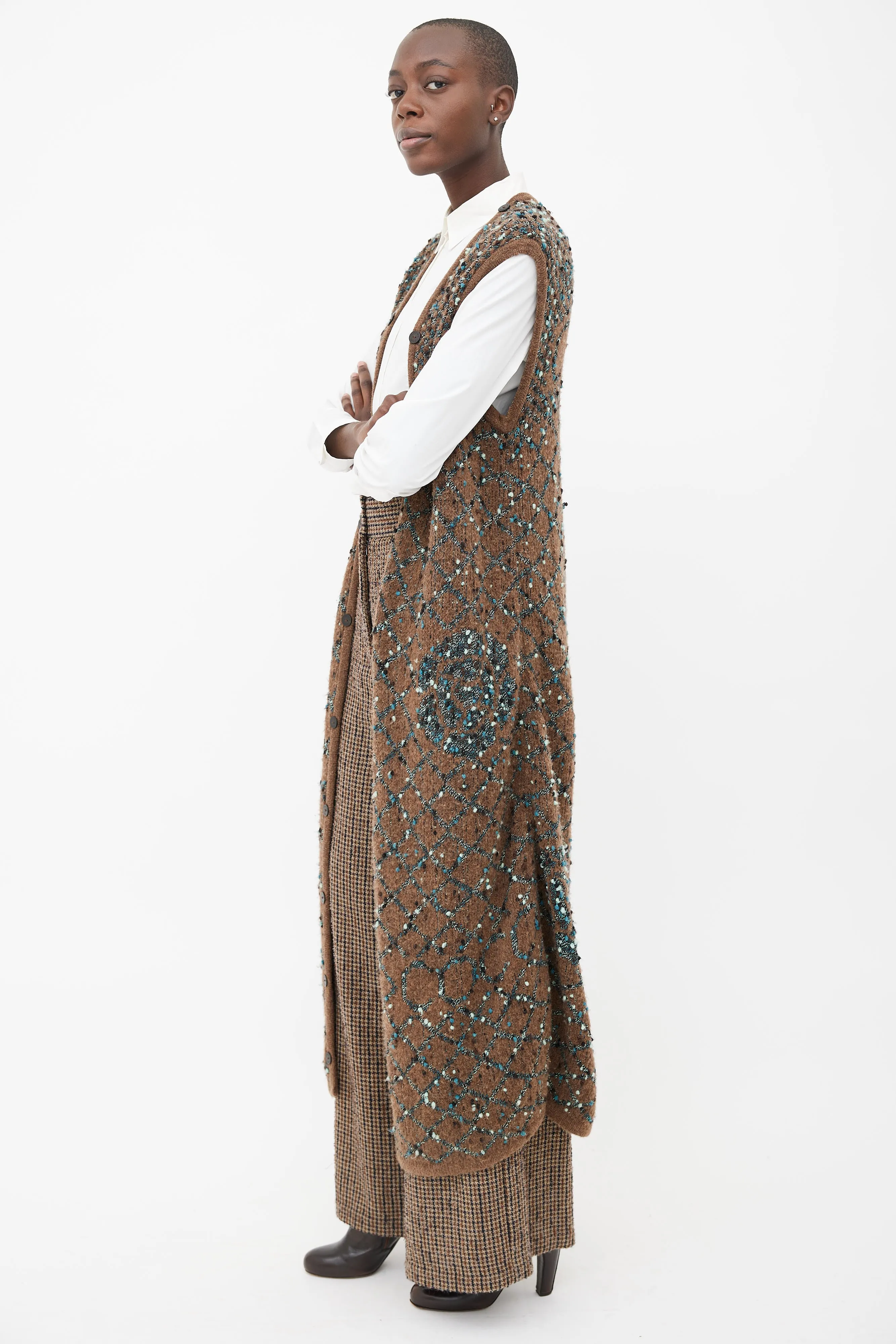 Brown & Blue Bouclé Long Vest