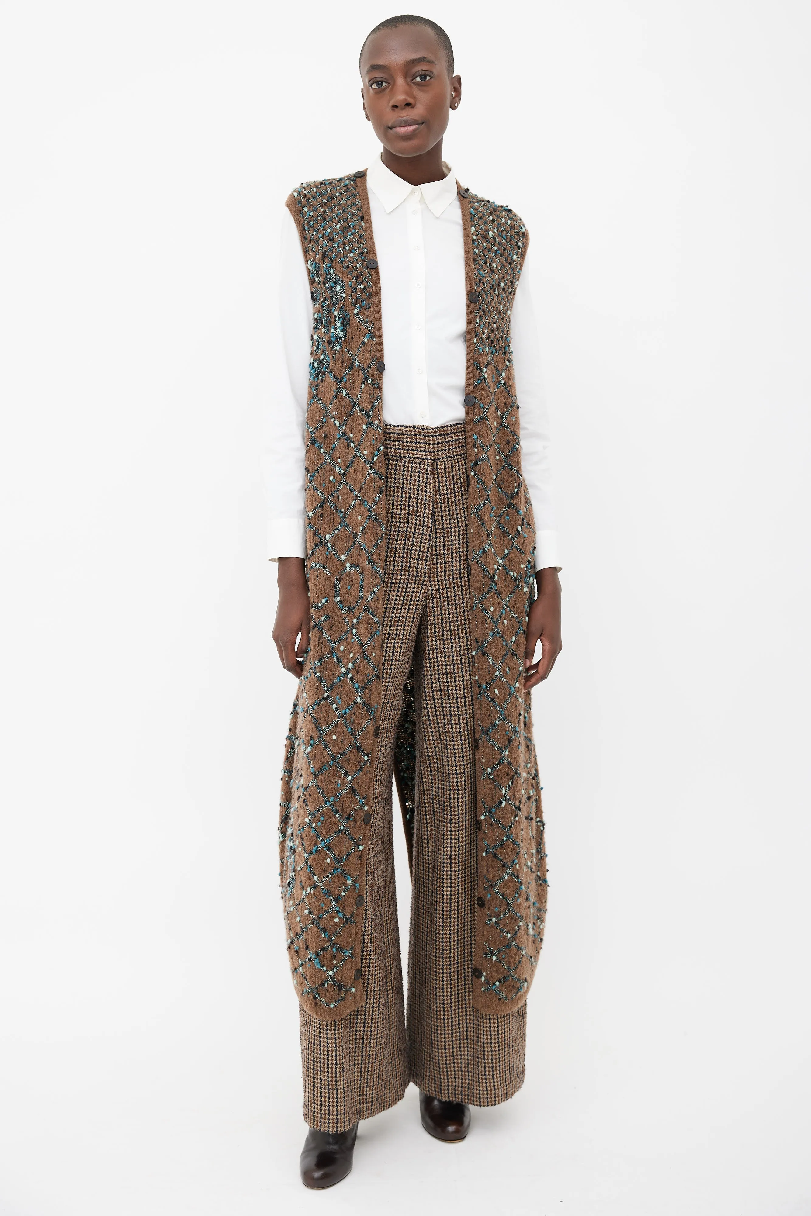 Brown & Blue Bouclé Long Vest