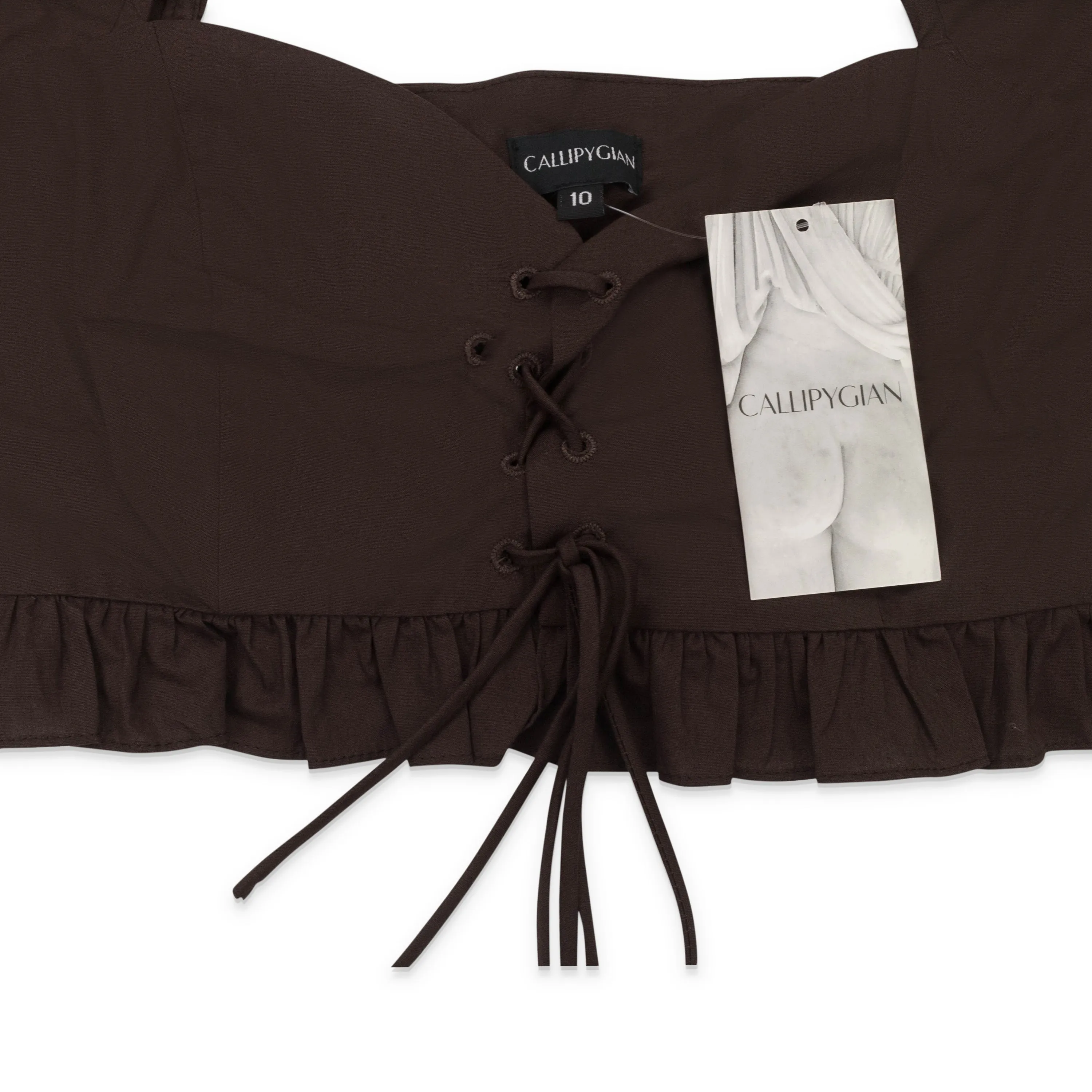 CALLIPYGIAN LACE UP RUFFLE CHOCOLATE CROP TOP