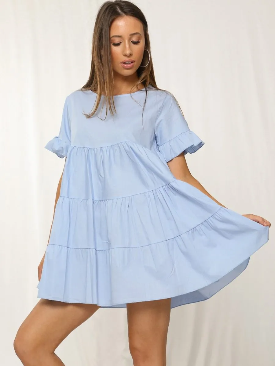 Cherelle Frill Detail Tiered Smock Dress In Blue