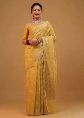 Daffodil Yellow Saree In Pure Handloom Cotton Woven In Banarasi Chanderi