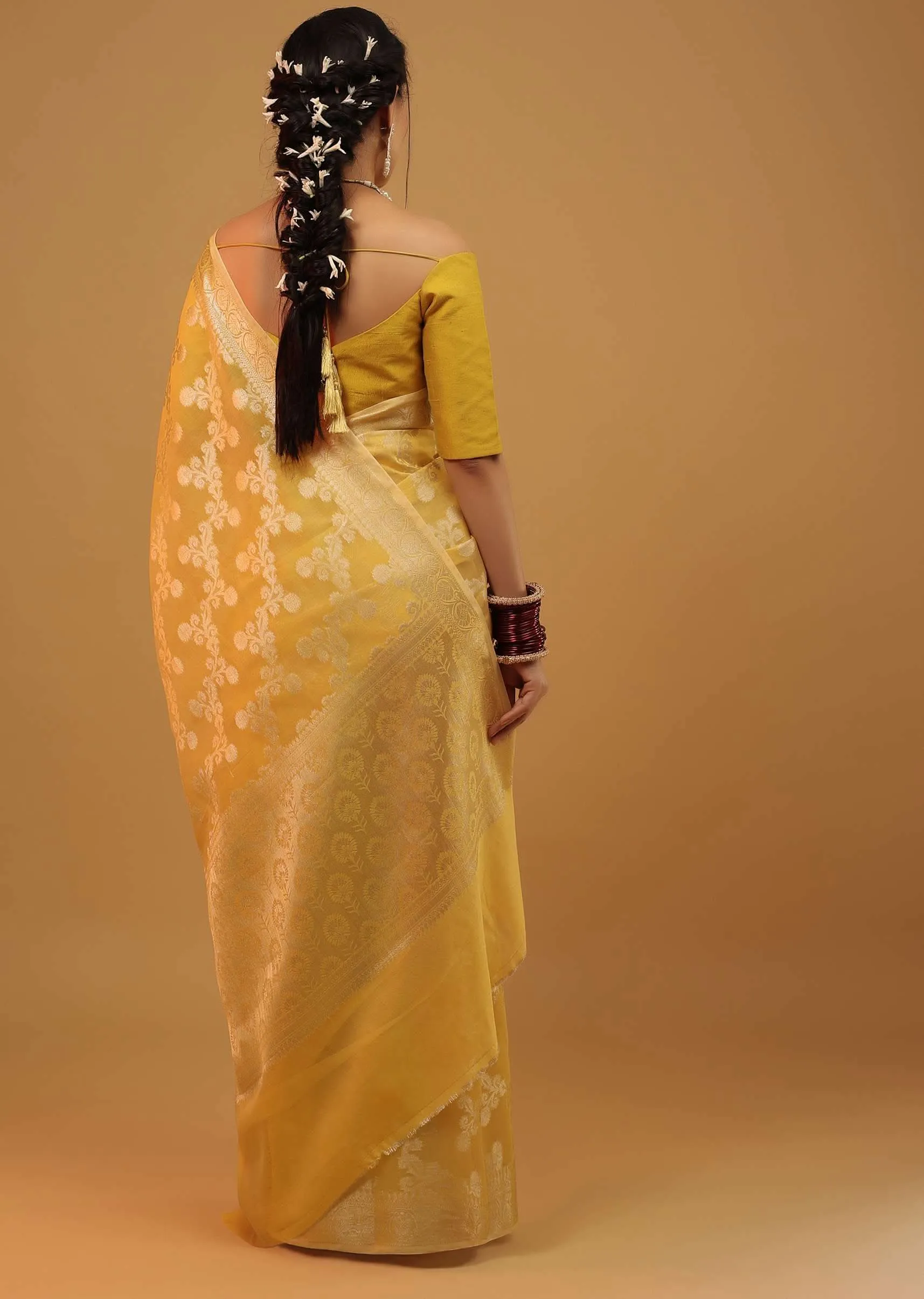 Daffodil Yellow Saree In Pure Handloom Cotton Woven In Banarasi Chanderi