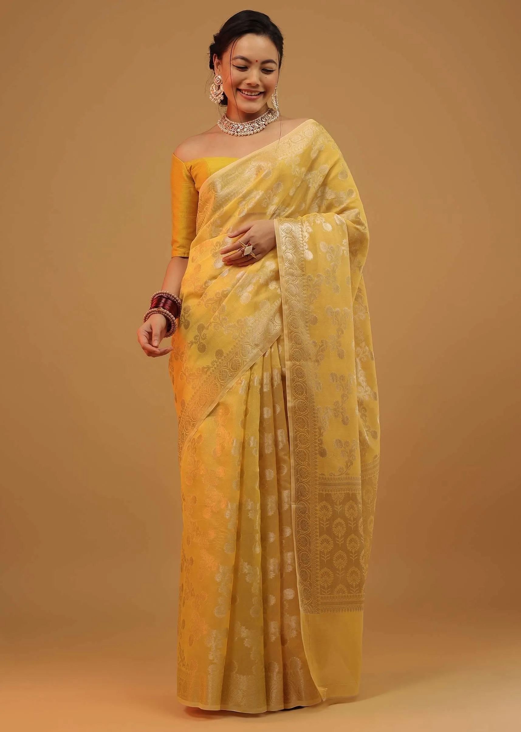 Daffodil Yellow Saree In Pure Handloom Cotton Woven In Banarasi Chanderi