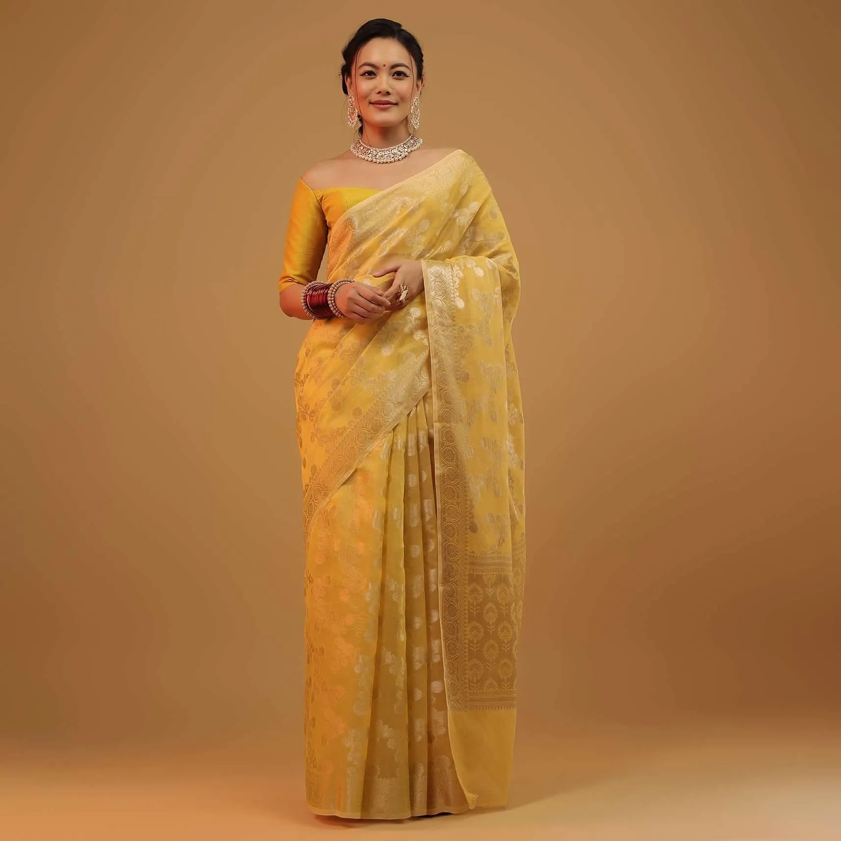 Daffodil Yellow Saree In Pure Handloom Cotton Woven In Banarasi Chanderi