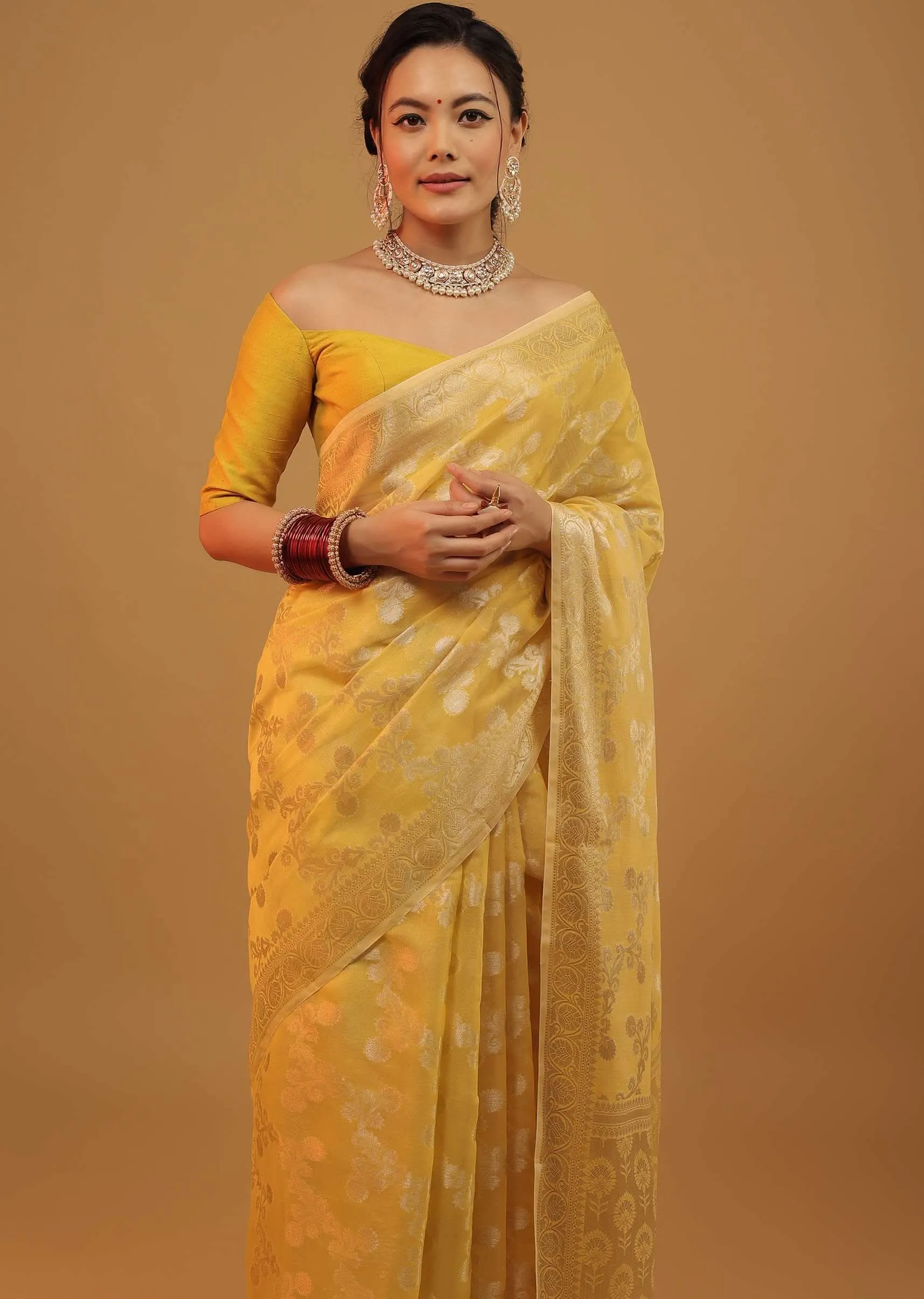 Daffodil Yellow Saree In Pure Handloom Cotton Woven In Banarasi Chanderi