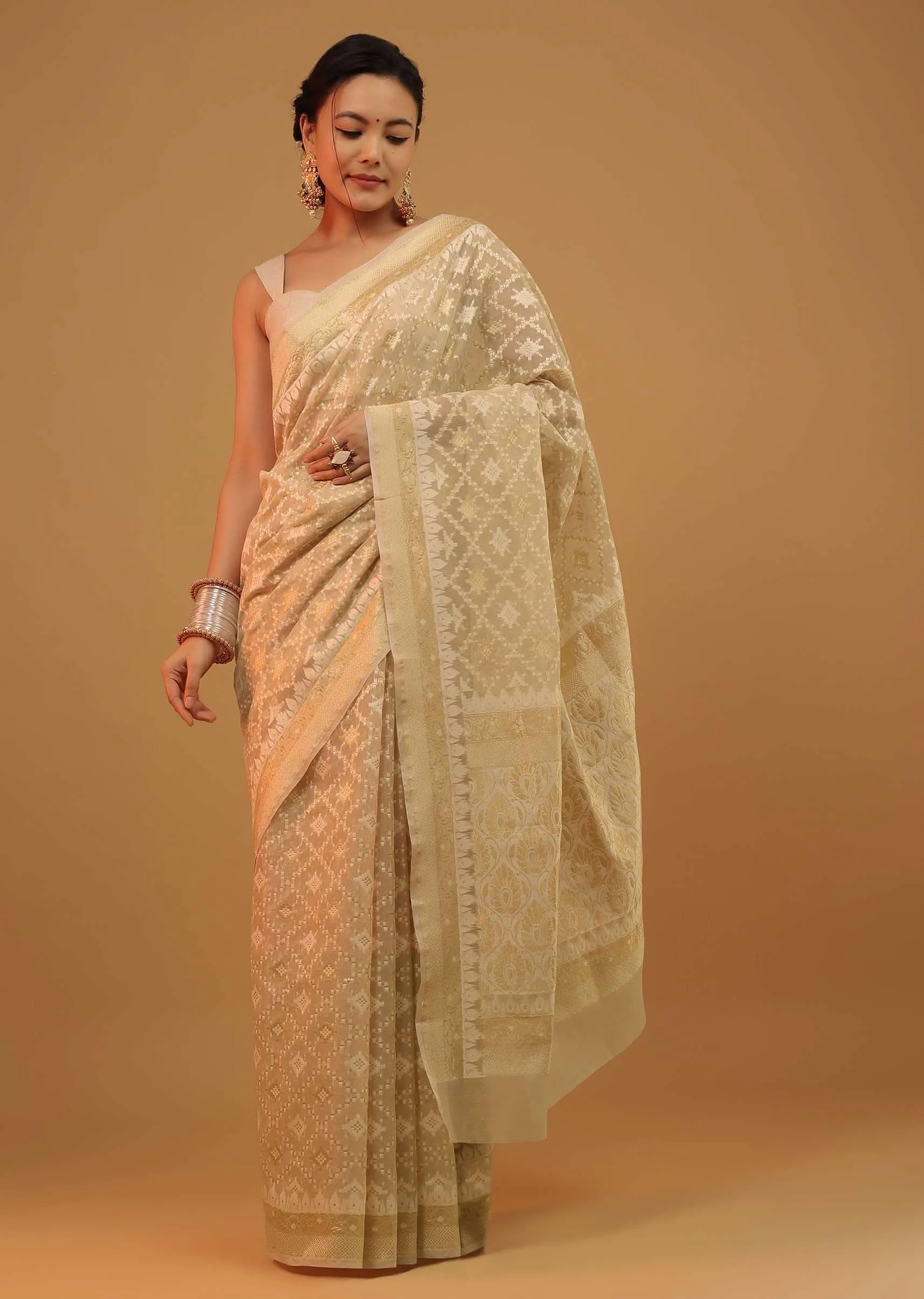 Daffodils Yellow Saree In Pure Handloom Cotton With Banarasi Chanderi Weave