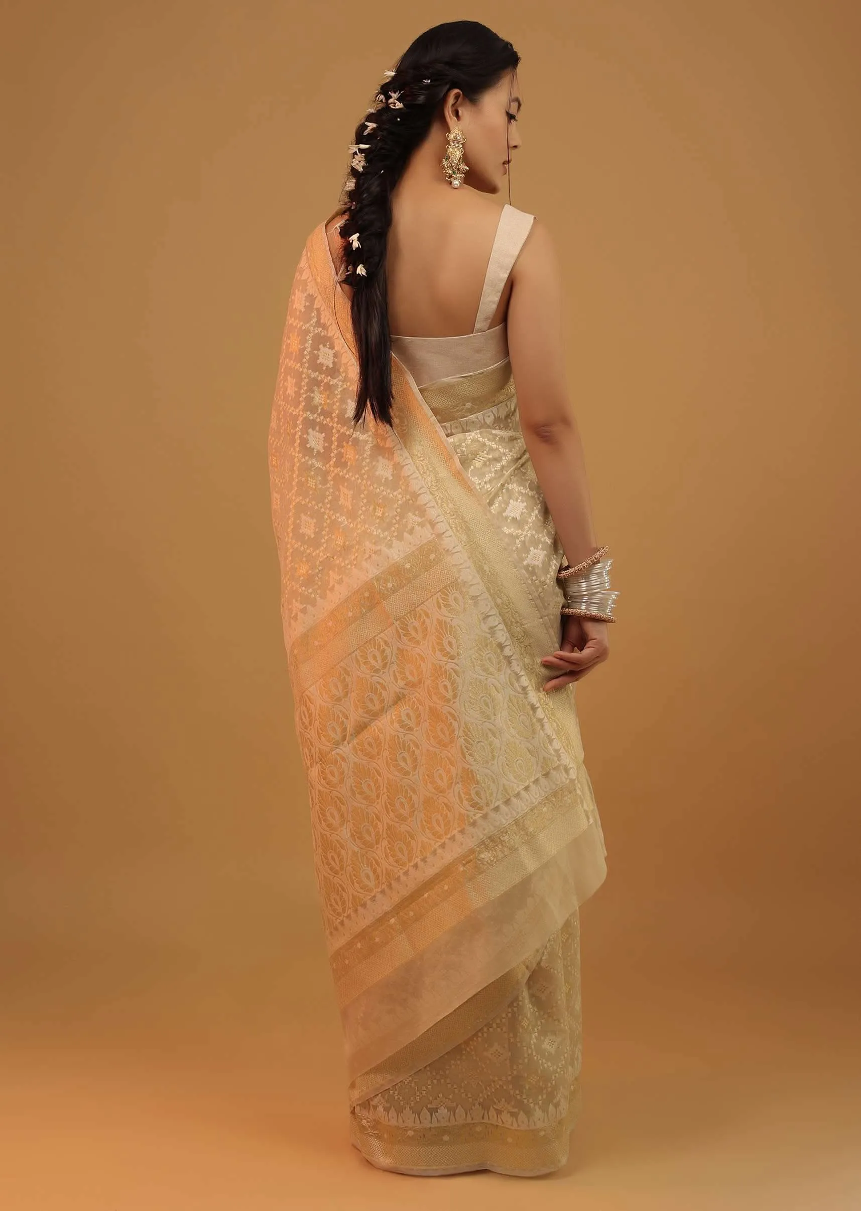 Daffodils Yellow Saree In Pure Handloom Cotton With Banarasi Chanderi Weave
