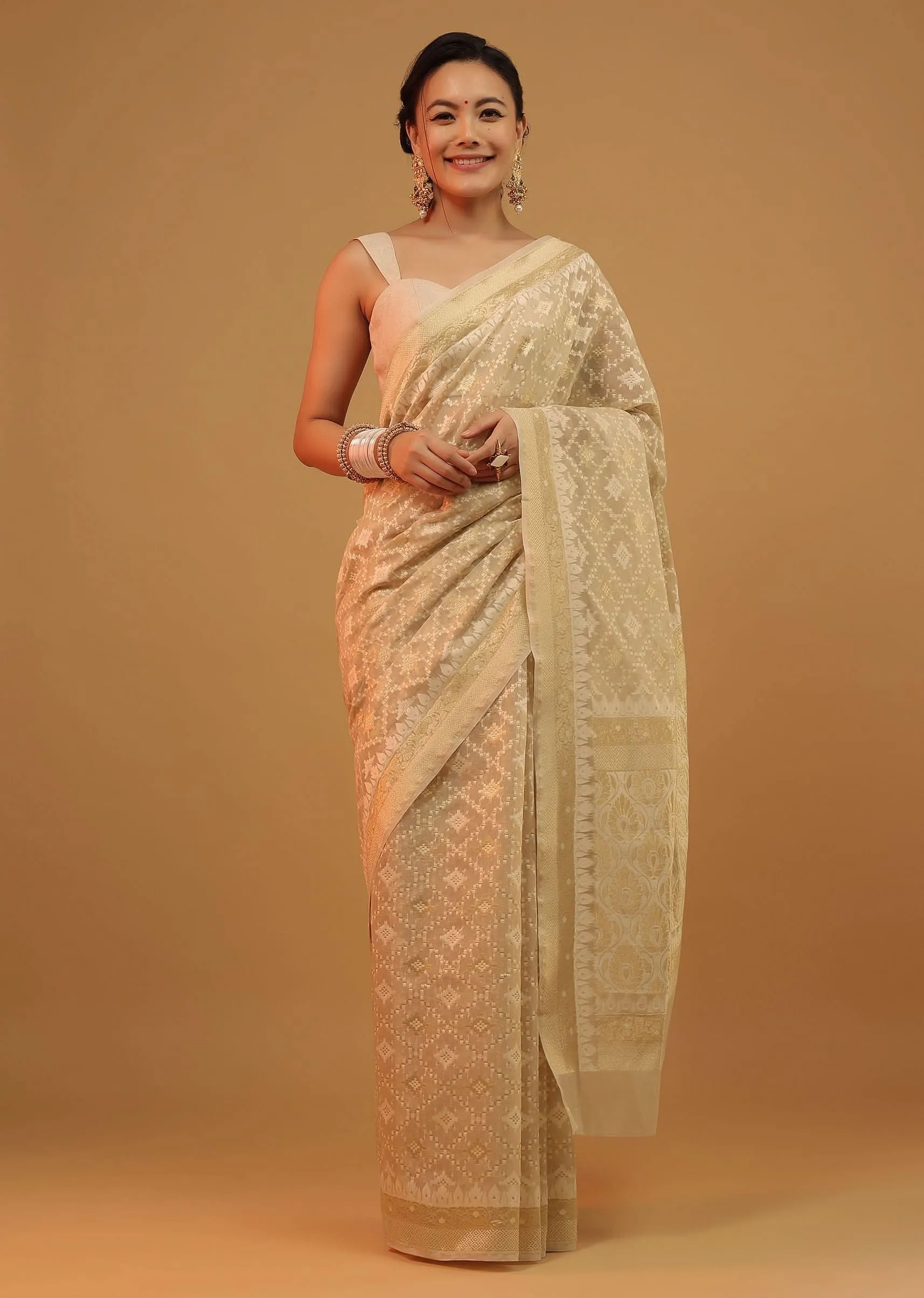Daffodils Yellow Saree In Pure Handloom Cotton With Banarasi Chanderi Weave