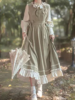 Dress French   Retro Long Ruffle Vest Green Blouse
