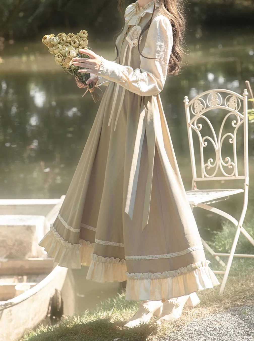 Dress French   Retro Long Ruffle Vest Green Blouse