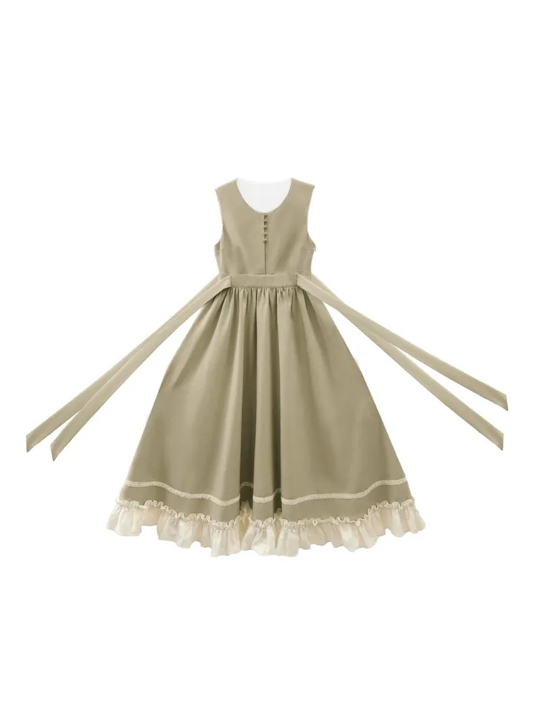 Dress French   Retro Long Ruffle Vest Green Blouse
