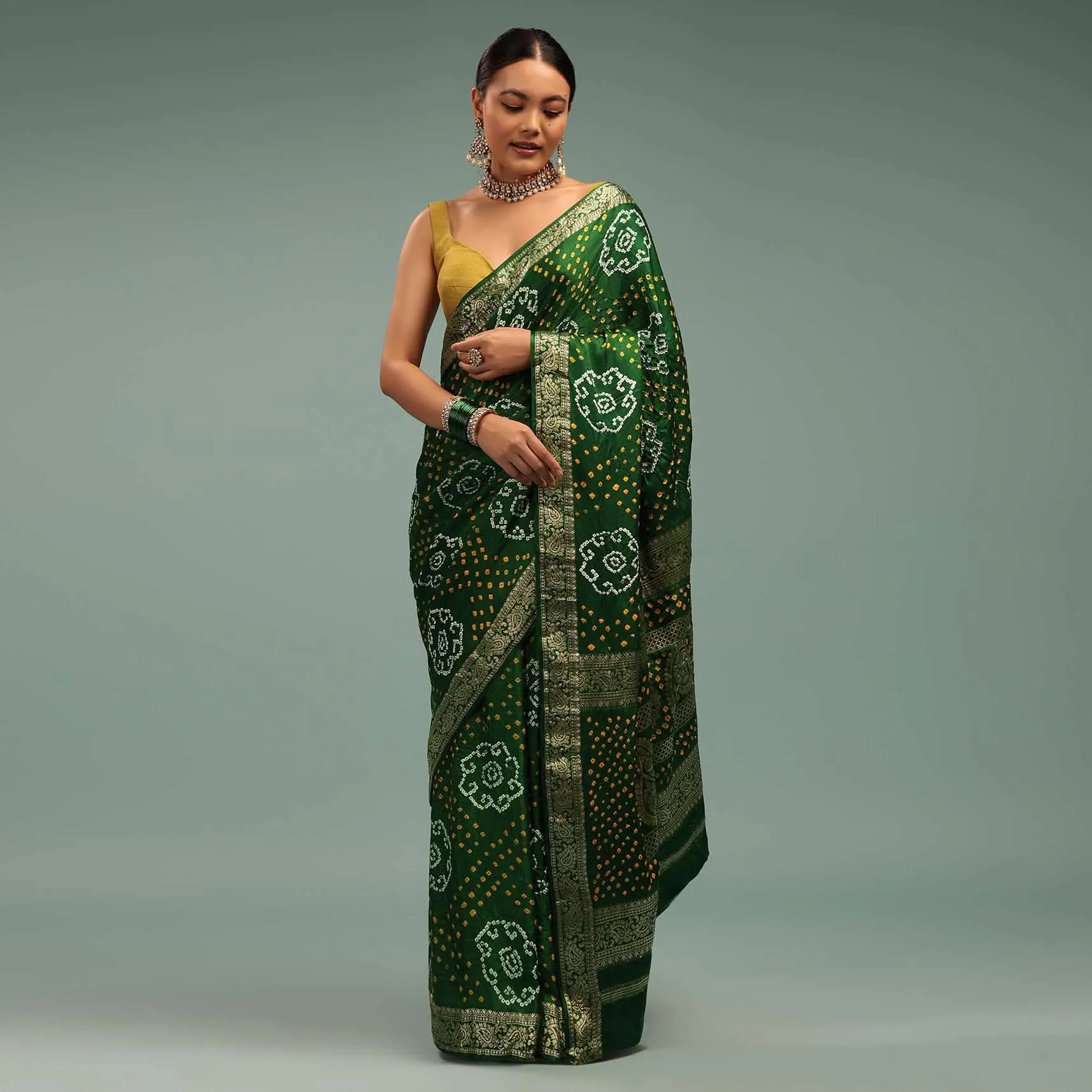 Emerald Green Saree In Silk With Bandhani Handweaving And Zari Border