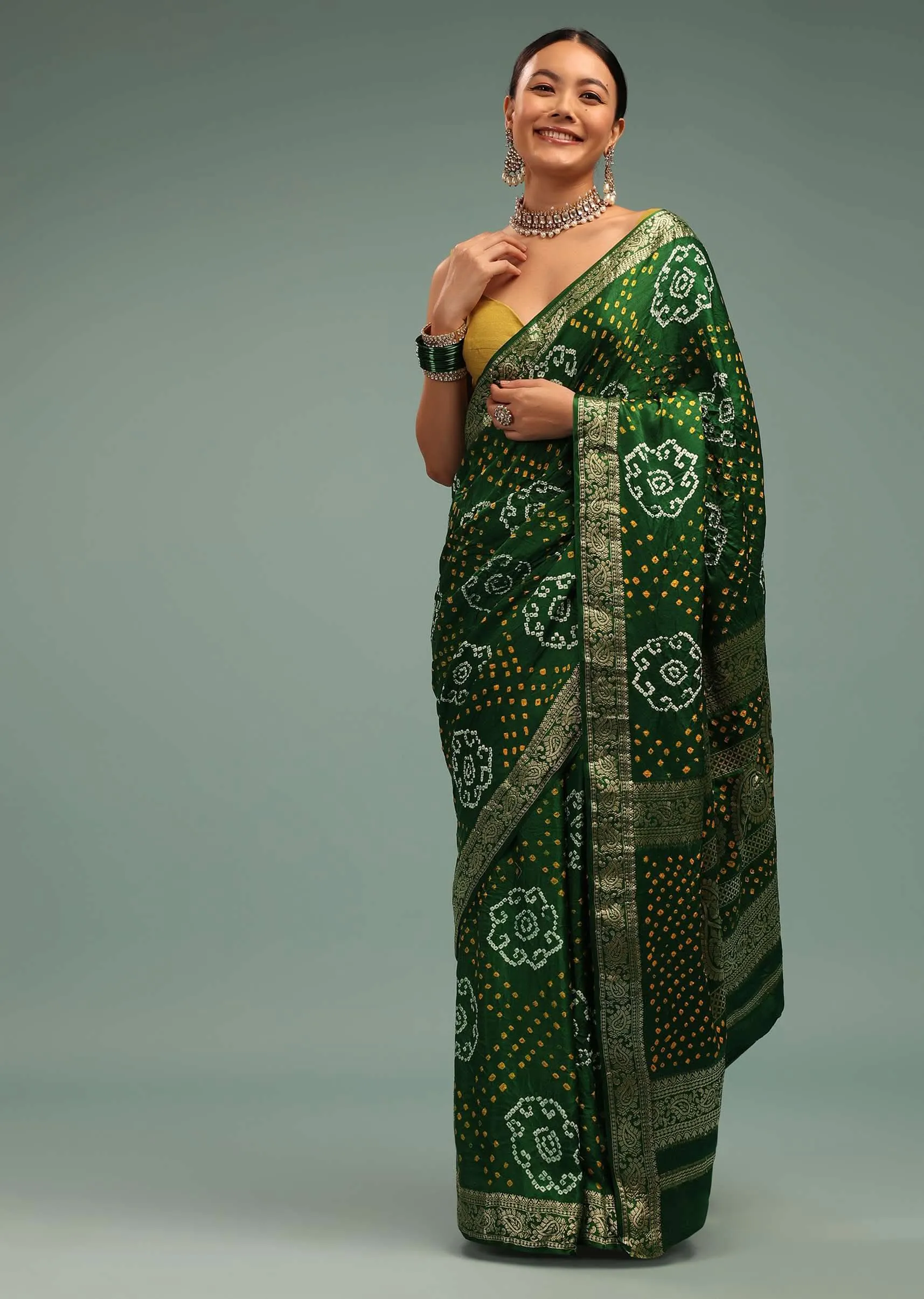 Emerald Green Saree In Silk With Bandhani Handweaving And Zari Border