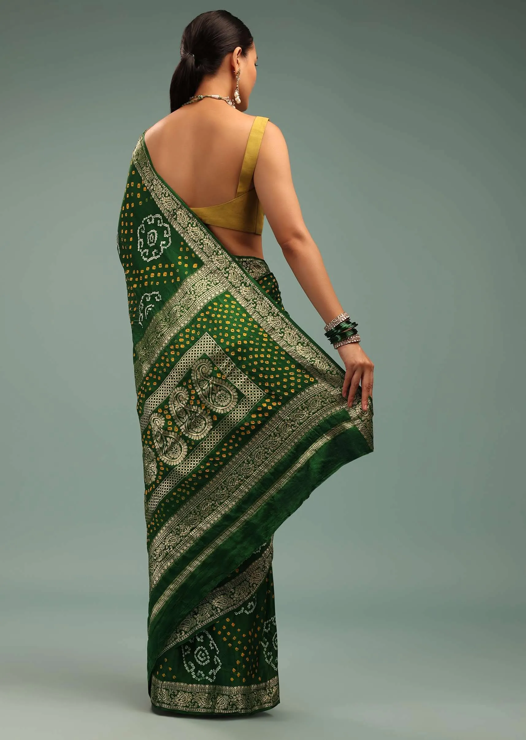 Emerald Green Saree In Silk With Bandhani Handweaving And Zari Border