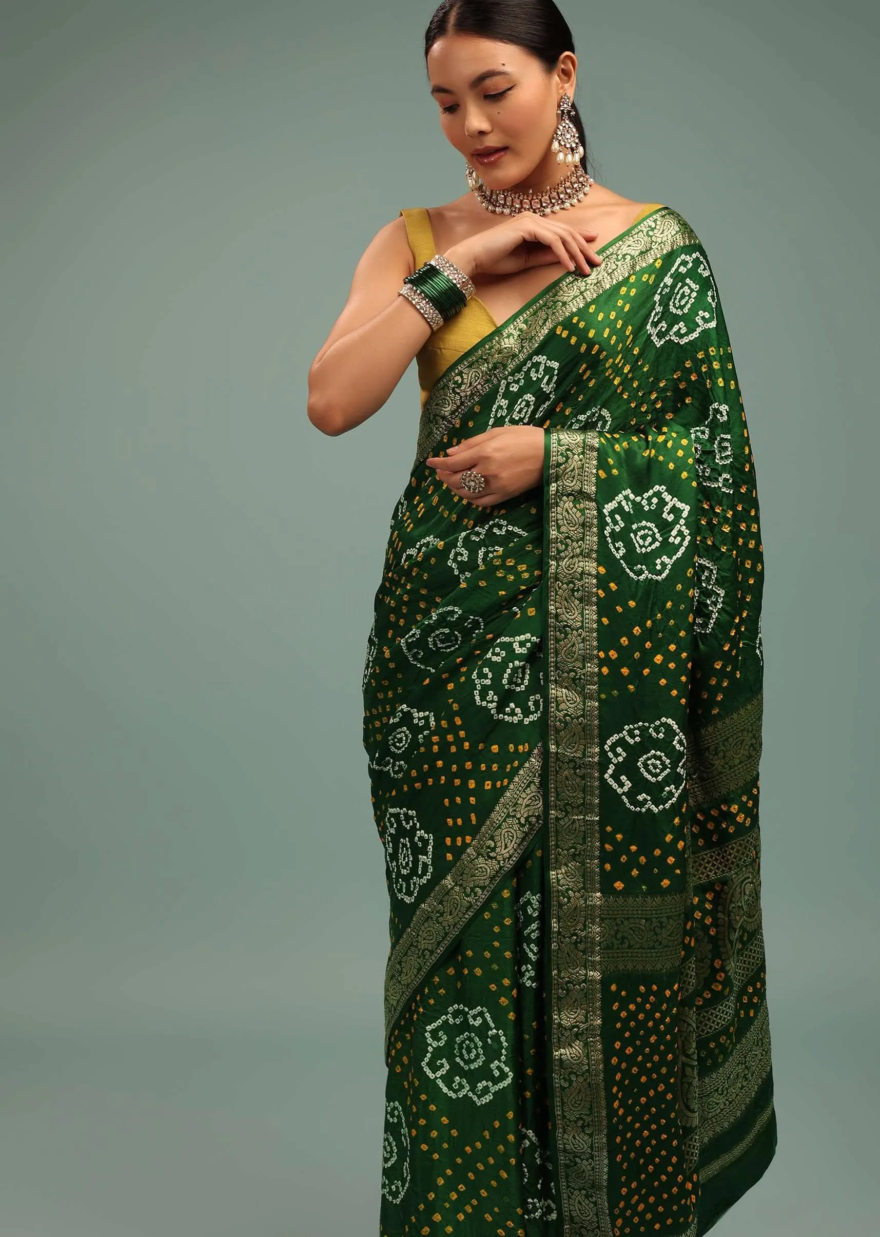 Emerald Green Saree In Silk With Bandhani Handweaving And Zari Border