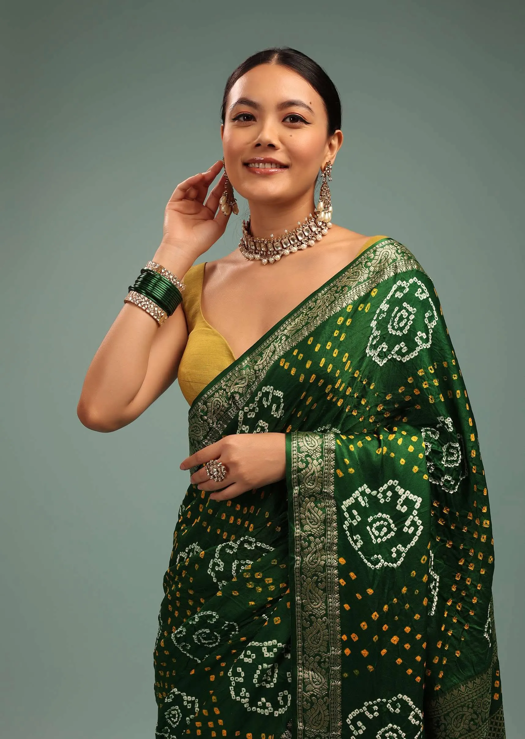 Emerald Green Saree In Silk With Bandhani Handweaving And Zari Border