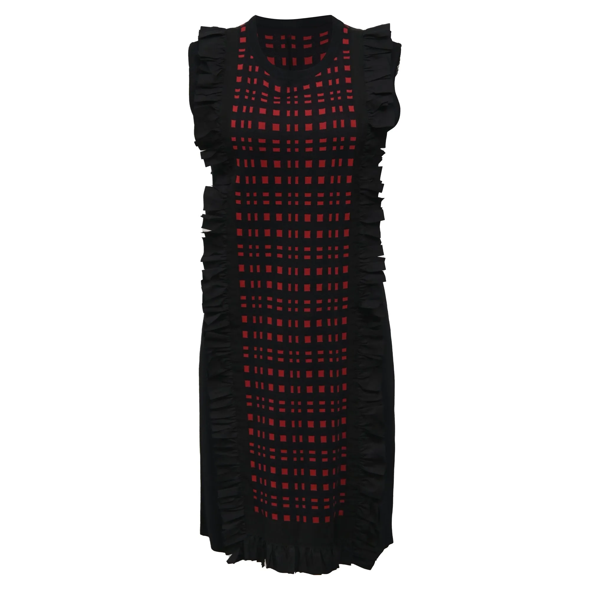 Fendi Checkered Ruffle Detail Mini Dress in Black and Red Viscose