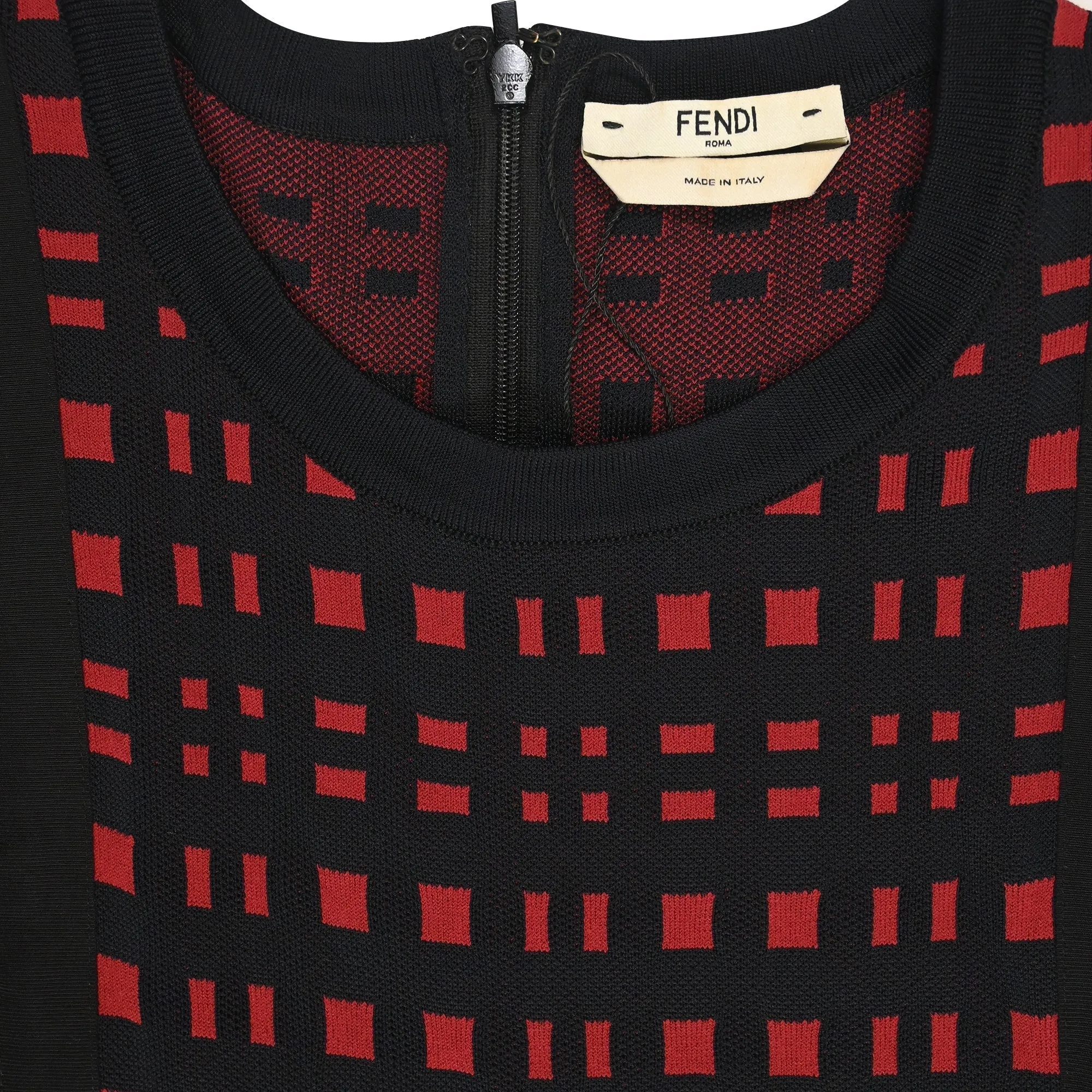 Fendi Checkered Ruffle Detail Mini Dress in Black and Red Viscose
