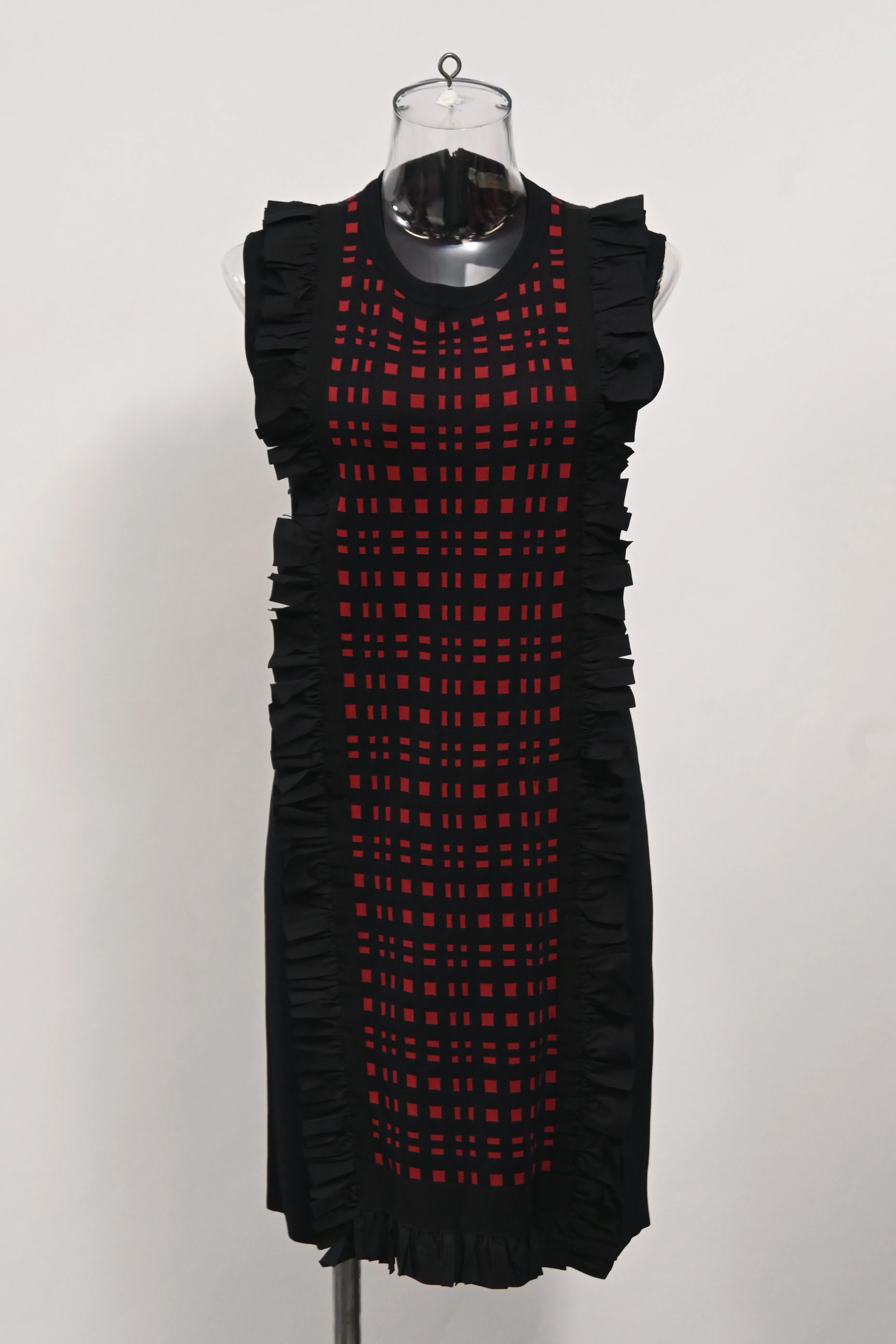 Fendi Checkered Ruffle Detail Mini Dress in Black and Red Viscose