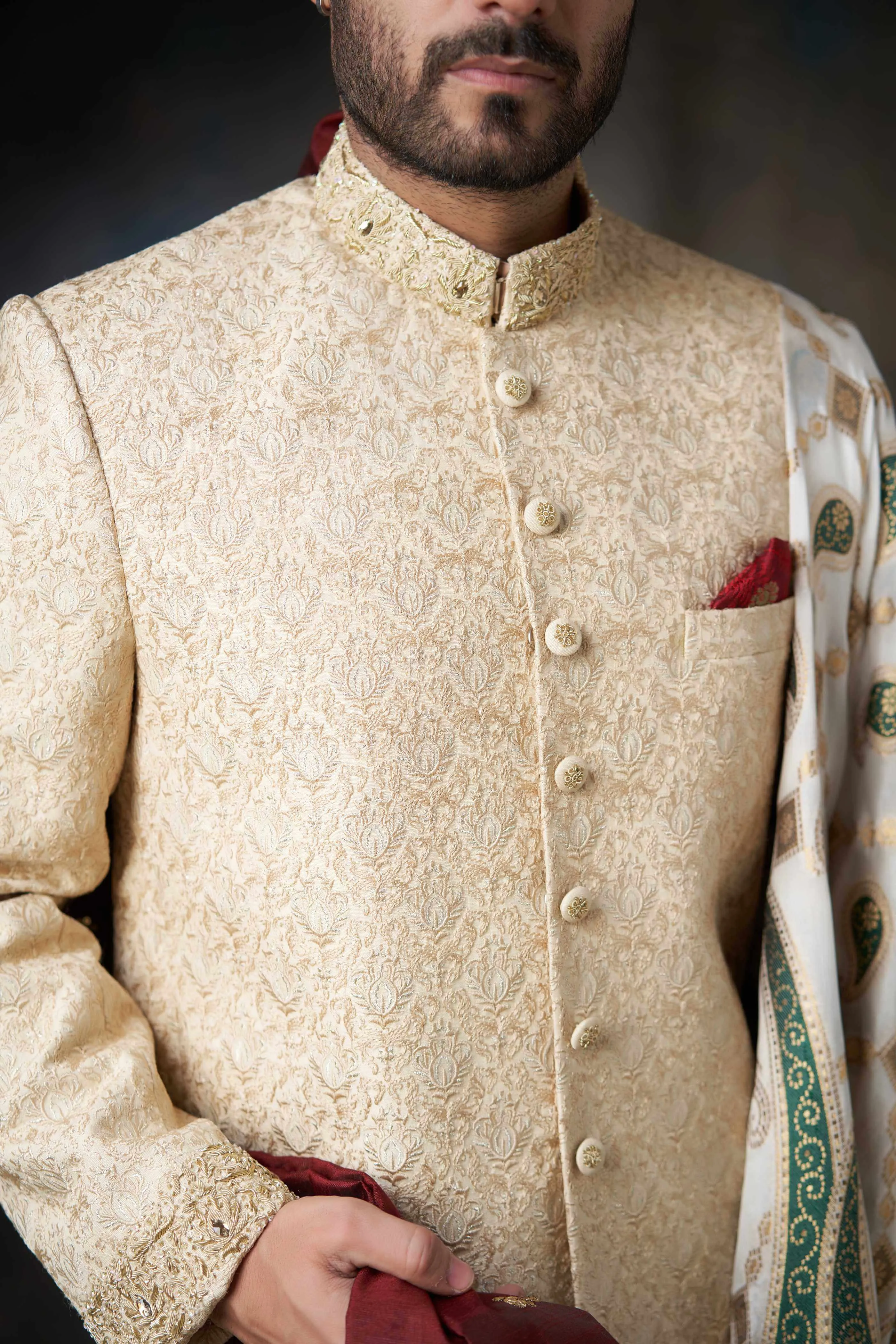 Gold Thread Embroidered Rawsilk Sherwani with Silk Shawl