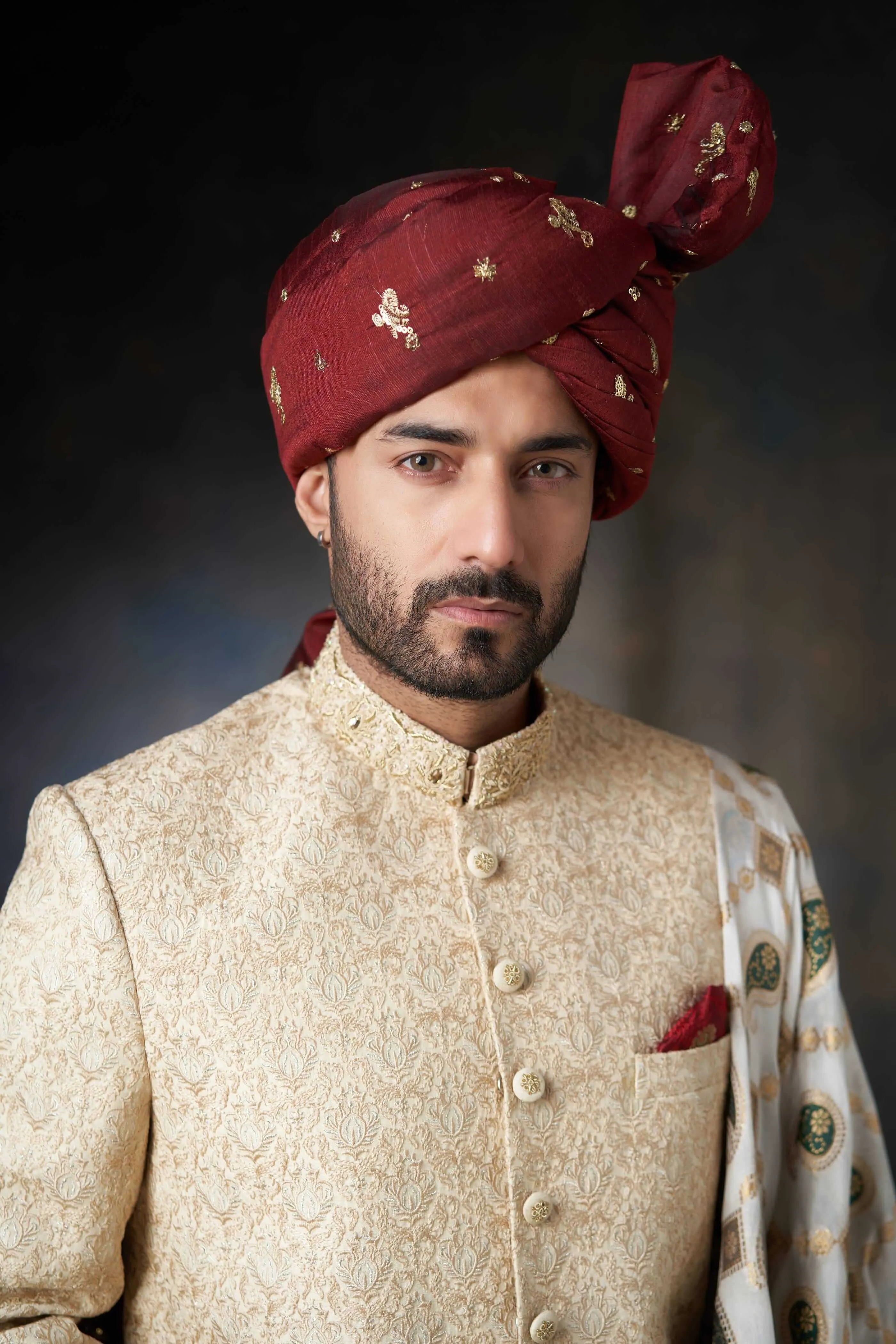 Gold Thread Embroidered Rawsilk Sherwani with Silk Shawl