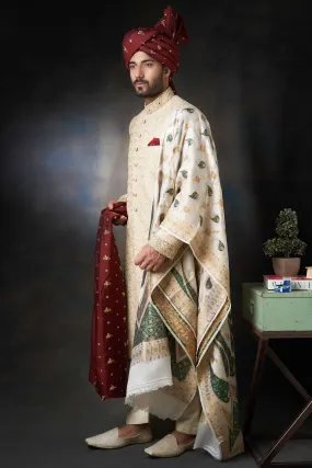 Gold Thread Embroidered Rawsilk Sherwani with Silk Shawl