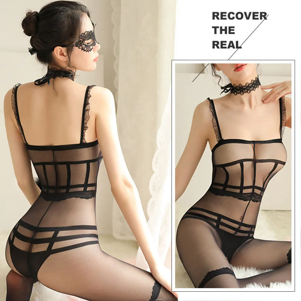 Hot See Through Chiffon Bodystocking with Lace Choker Stripe Bandage Lingerie Costume