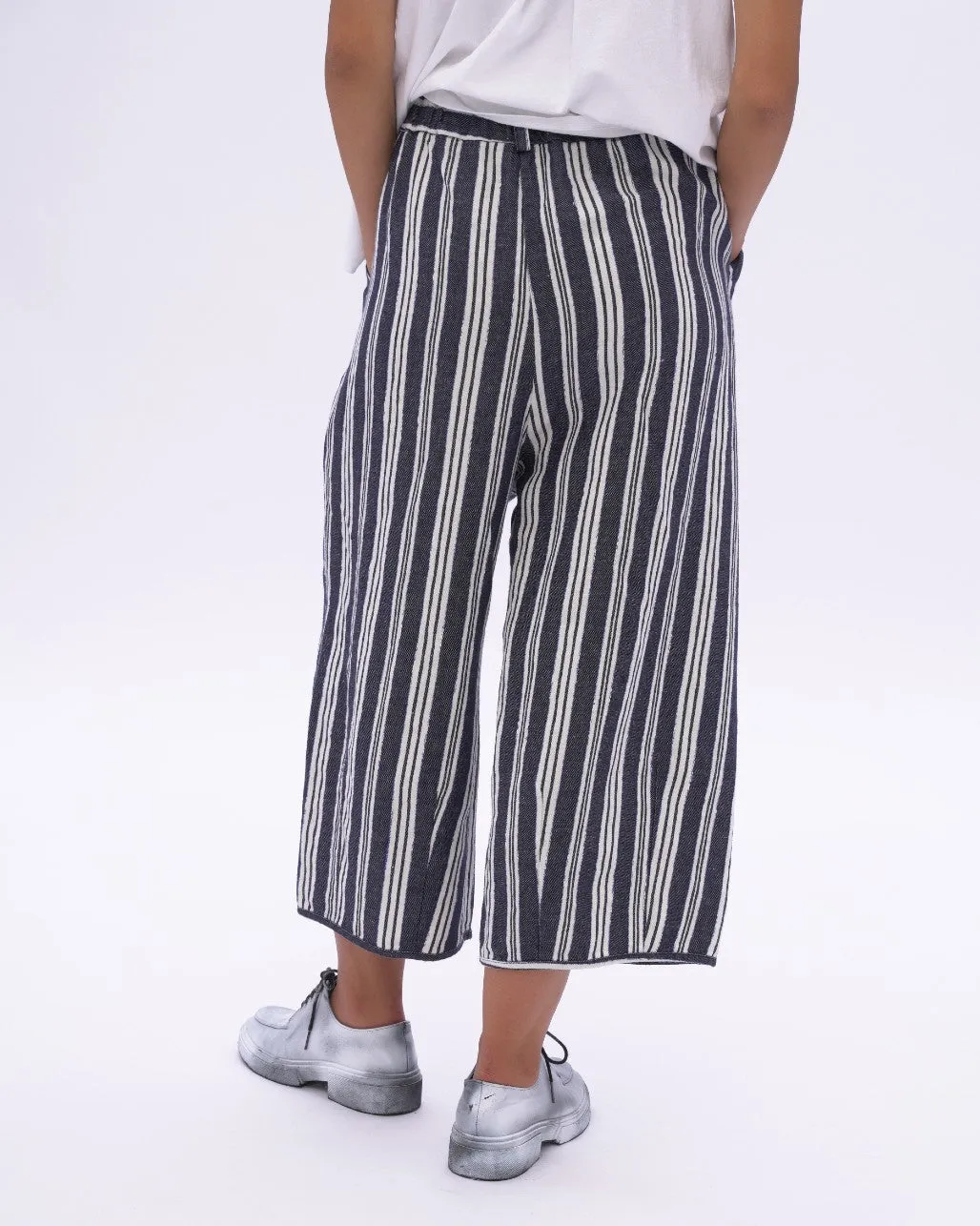 Indigo Striped Cotton Linen Elastic Culottes