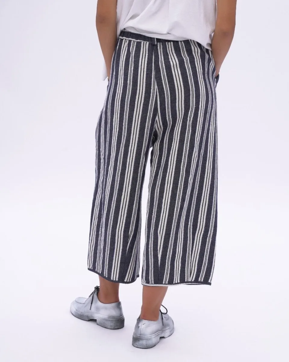 Indigo Striped Cotton Linen Elastic Culottes