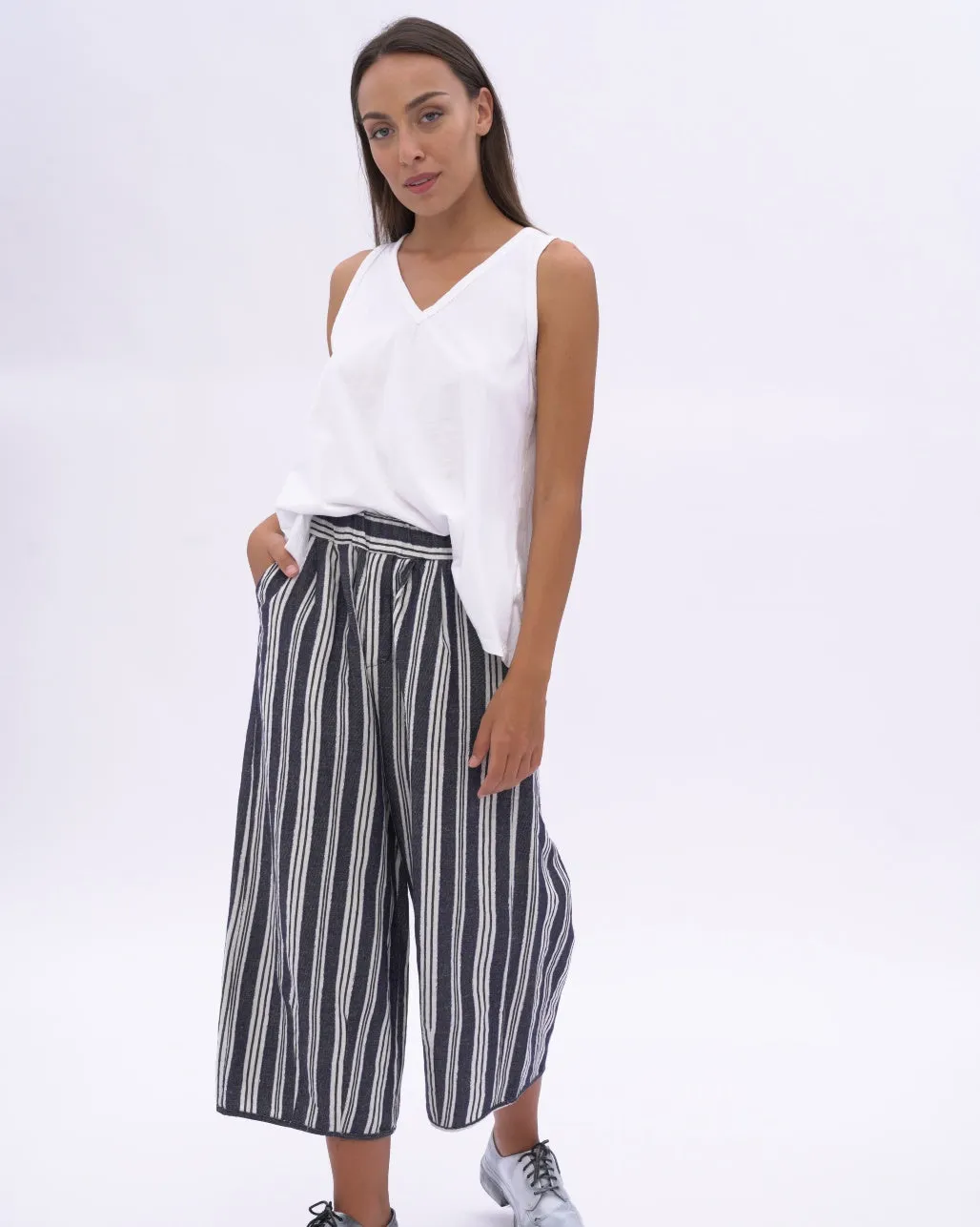 Indigo Striped Cotton Linen Elastic Culottes