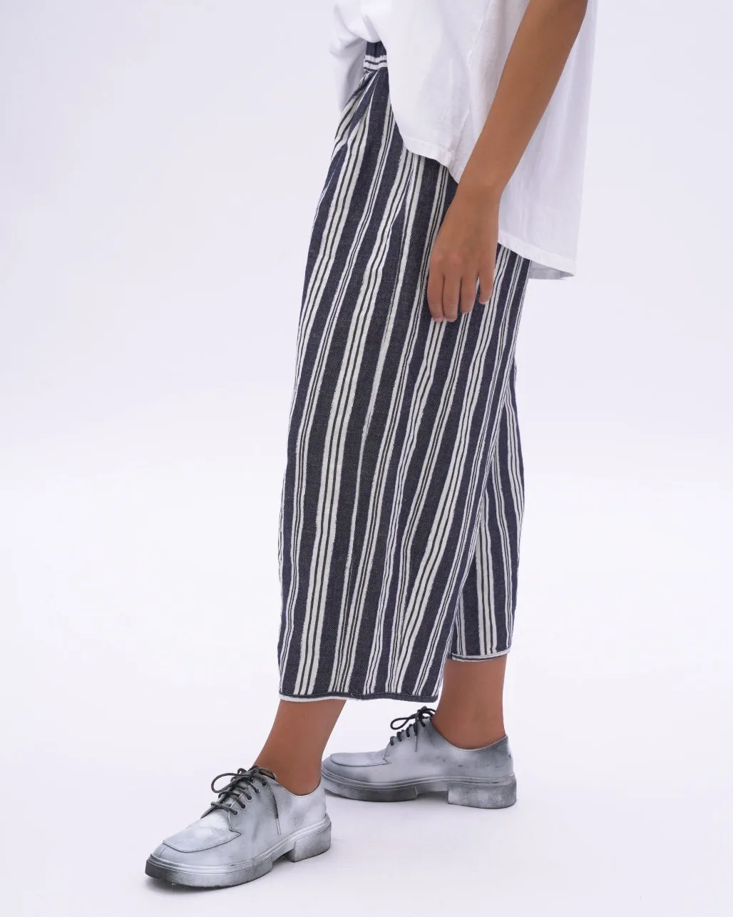 Indigo Striped Cotton Linen Elastic Culottes