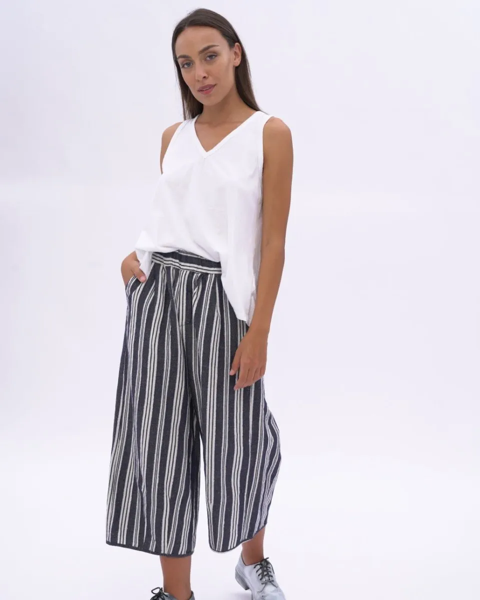 Indigo Striped Cotton Linen Elastic Culottes