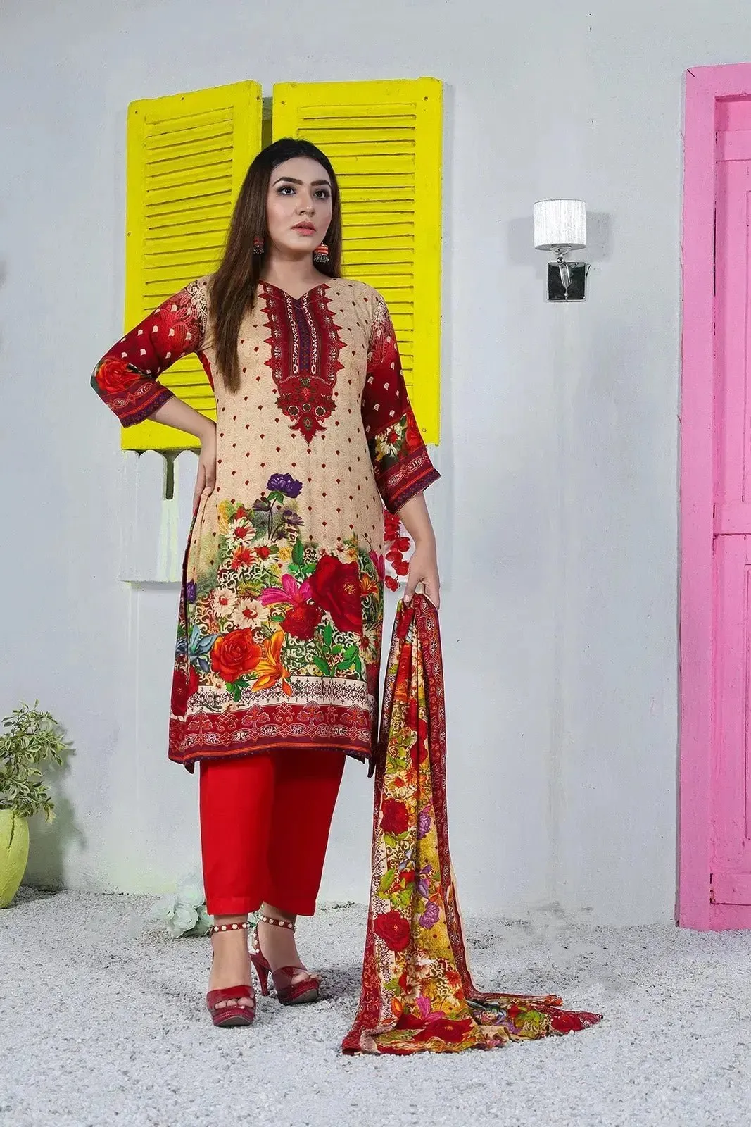IshDeena Ready to Wear Pakistani Shalwar, Kameez Dupatta Set - Printed Linen Women Dress