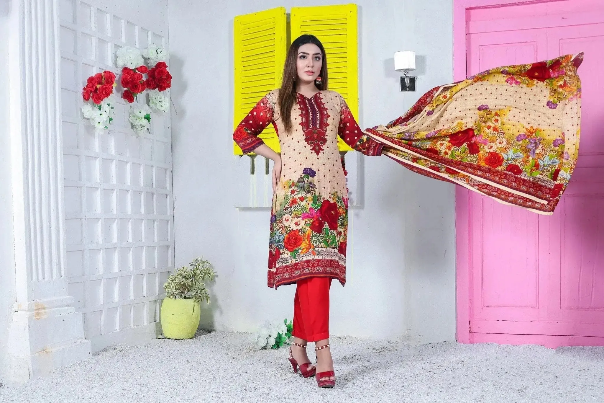 IshDeena Ready to Wear Pakistani Shalwar, Kameez Dupatta Set - Printed Linen Women Dress