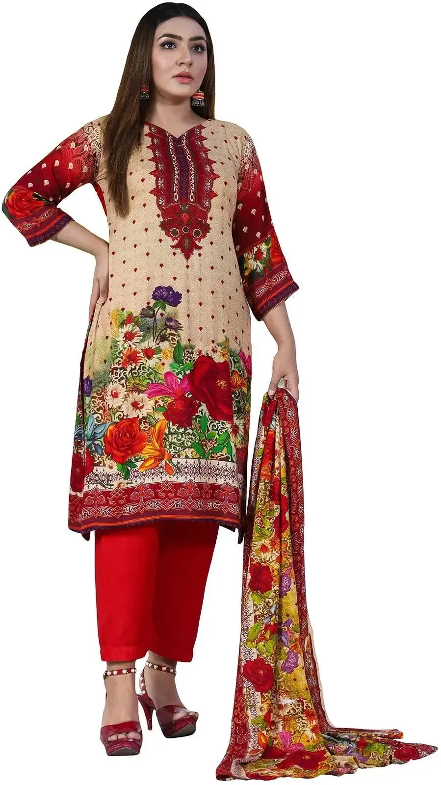 IshDeena Ready to Wear Pakistani Shalwar, Kameez Dupatta Set - Printed Linen Women Dress