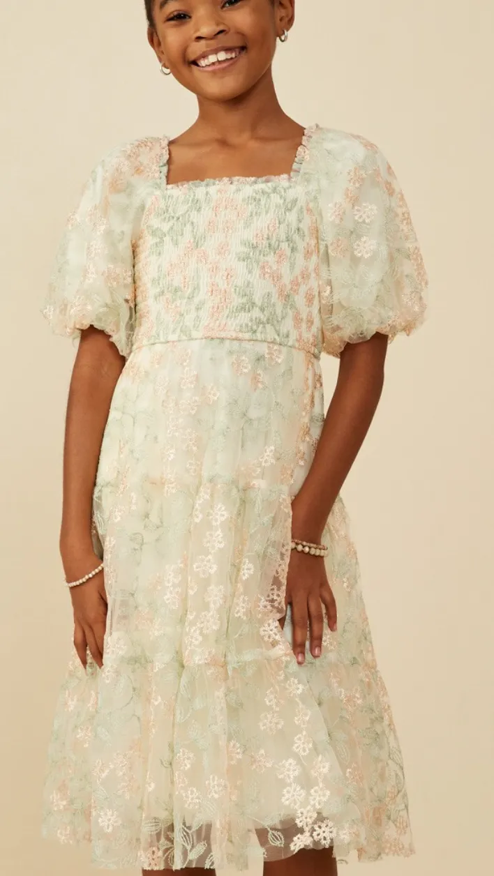 Ivory Smocked Floral Lace Dress