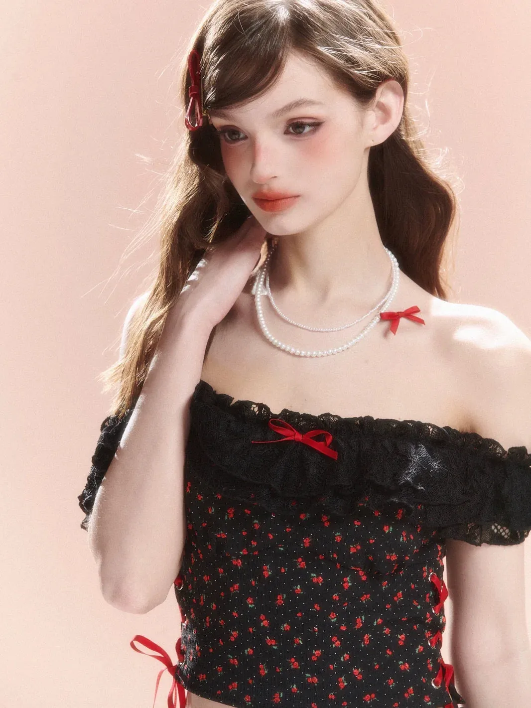 Off-the-shoulder Top French Dark Ruffle Retro