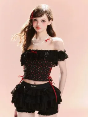 Off-the-shoulder Top French Dark Ruffle Retro