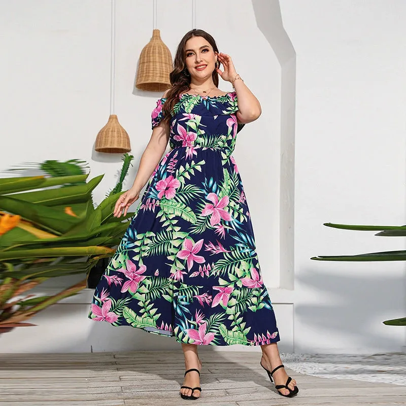 Plus Size Off-Shoulder Floral Print Beach Dress for Women